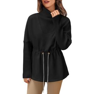 Fisoew Women's Turtleneck Sweatshirts Fleece Drawstring Waist Casual Long Sleeve Pullover Sweater Side Slit Tunic Tops (Black)