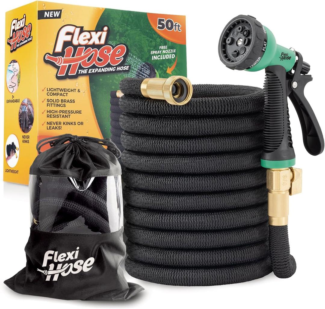 Flexi Hose Plus Expandable Garden Hose with 8 Function Nozzle, 50FT - Lightweight Retractable Garden Hose, Water Hose - No-Kink Flexibility, 3/4 Inch Solid Brass Fittings Includes Hook & Bag (Black)