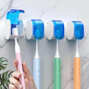 4 Pcs Toothbrush Holders Wall Mounted, Single Slot Design, Shower Self Adhesive Wall Mounted Toothbrush Holder with Cover, Waterproof and Dustproof, Suitable for Bathroom, Family, Travel (Blue)