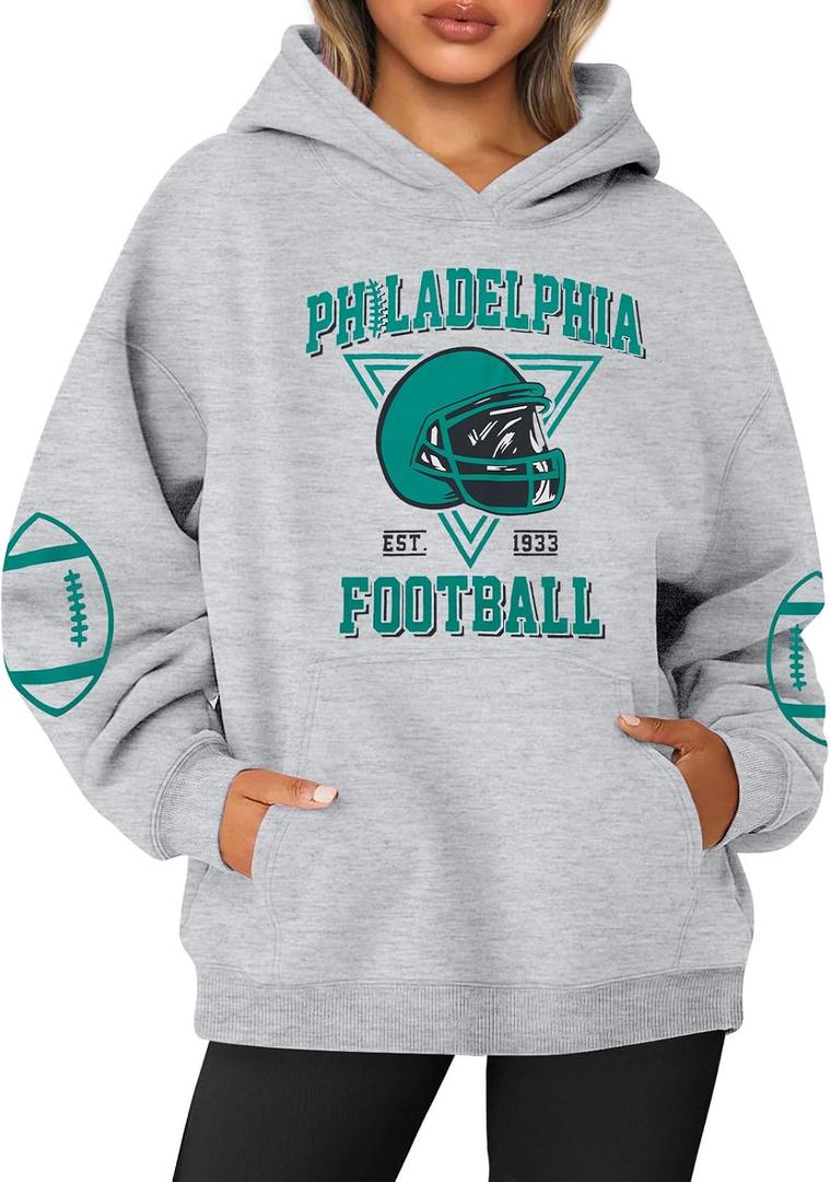 UNIQUEONE Womens Football Hoodie Game Day Sweatshirt Football Mom Shirt Casual Crewneck Pullover (Gray, XXL)