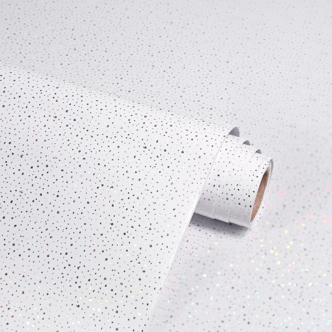 White Glossy Contact Paper Holographic Shiny Peel Stick Wrapping Paper 15.7" X 472" Metallic Glitter Wallpaper Iridescent Contact Papers Modern Vinyl DIY Film for Countertops Furniture Shelf Drawer