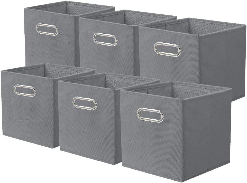 powerking Fabric Storage Box Bins, 6 Pack Foldable Cloth Storage Cube Organizer Drawer with Metal Handle For Closet And Toys Storage,Grey