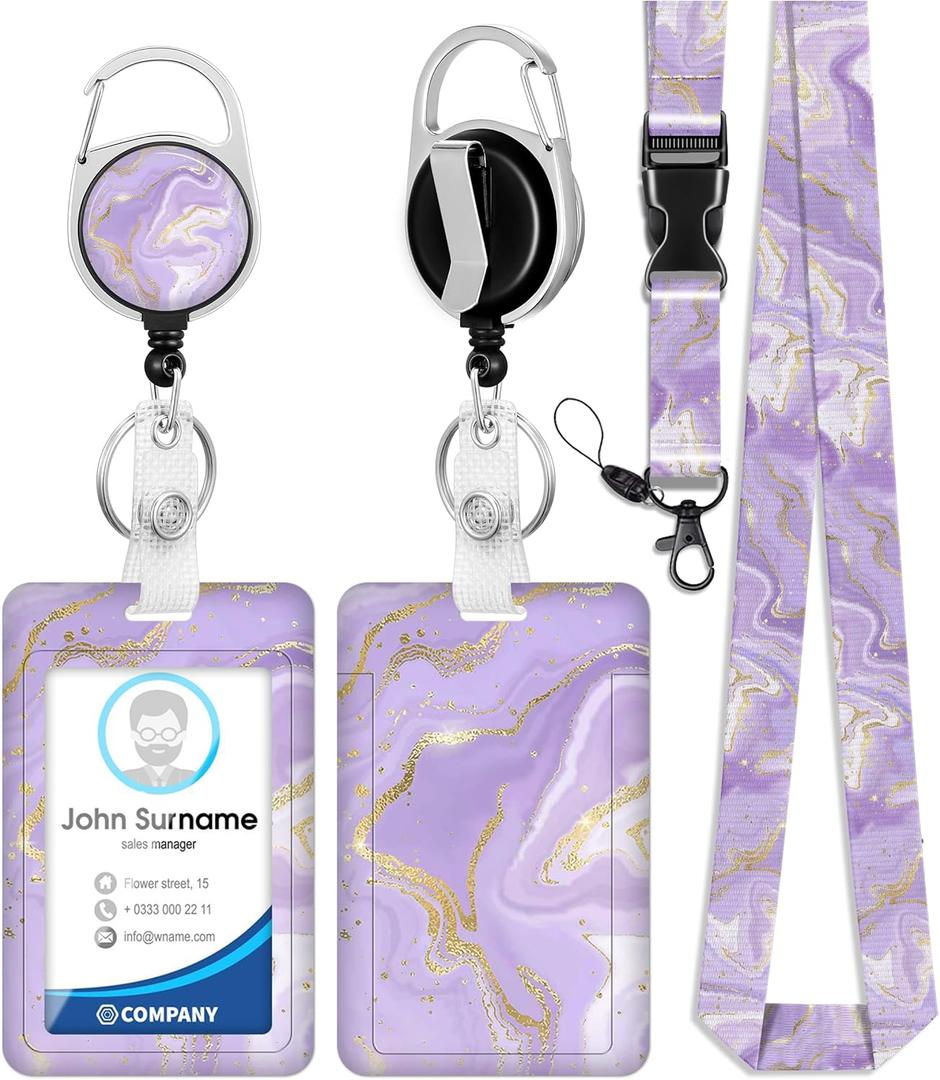 ID Badge Holder with Lanyard and Retractable Badge Reel Clip, Marble Card Name Tag Lanyard Vertical ID Protector Badge Clips for Women Nurse Nursing Doctor Teacher Student Purple