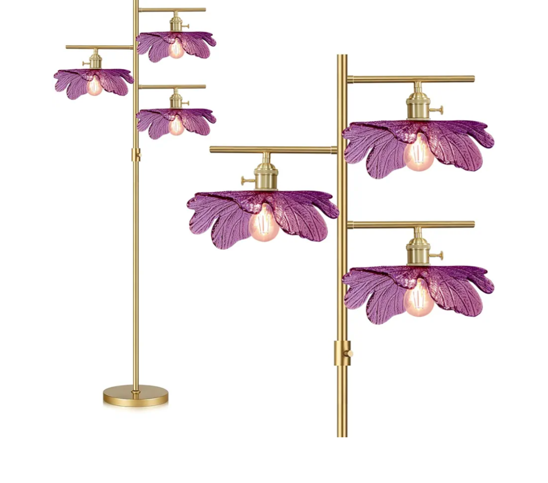 Mid Century Modern Floor Lamp 65", Dimmable Tall Floor Lamp For Living Room, 3-Light Gold Standing Lamp, Vintage Floor Lamp With Purple Glass Flower Shades For Bedroom, Corner, Study, Office, Or Home Mid Century Modern Floor Lamp 65", Dimmable Tall Floor Lamp For Living Room, 3-Light Gold Standing Lamp, Vintage Floor Lamp With Purple Glass Flower Shades For Bedroom, Corner, Study, Office, Or Home