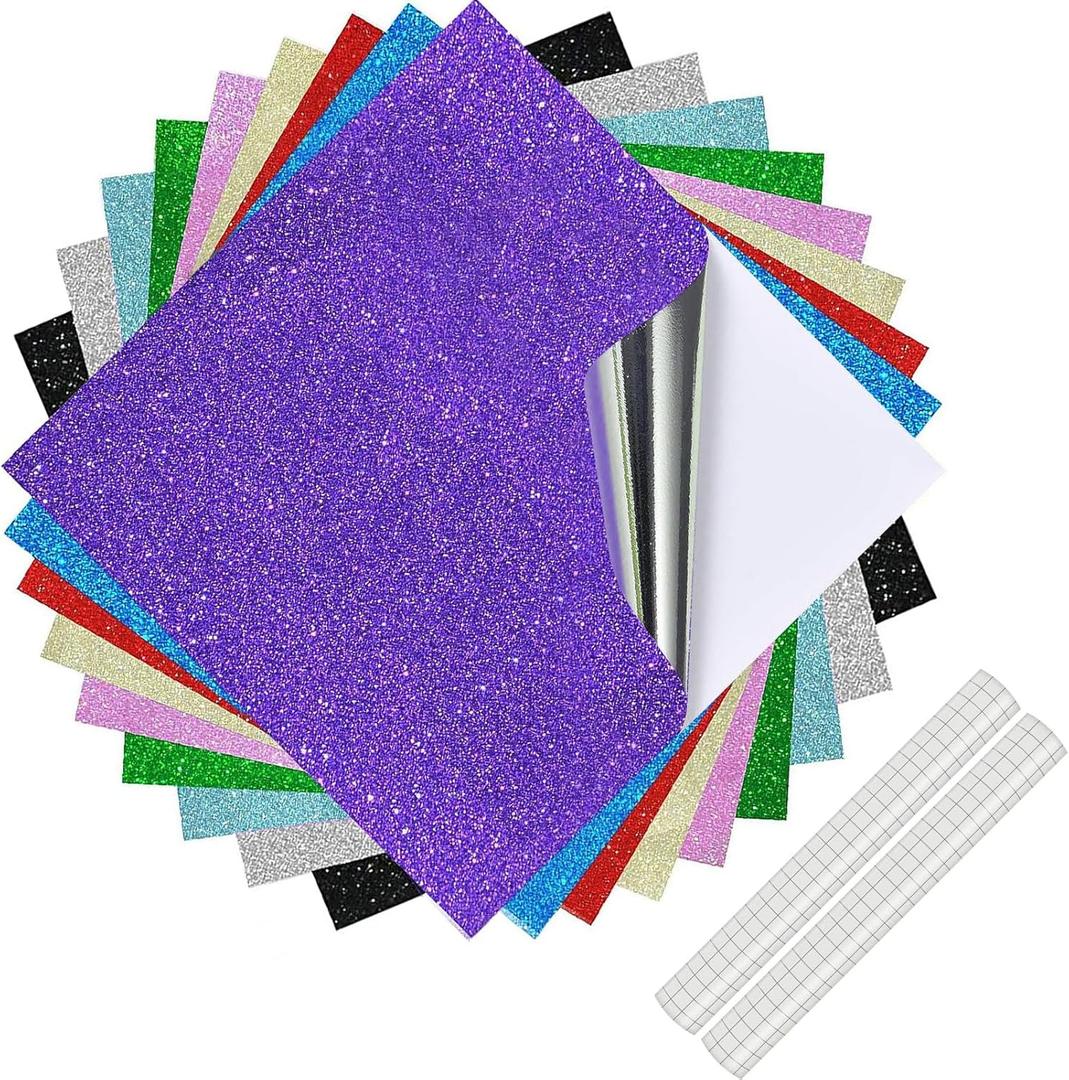 Permanent Vinyl Sheets for Cricut, 12 x 12 Glitter Self Adhesive Vinyl Self Adhesive, 9 Assorted Metallic Colors Craft Vinyl Sticker Plus 2 Transfer Tape for Weeding Machines, Printers, Car Decal