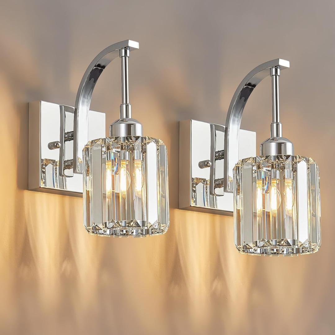 Wall Sconces, Set of 2 Chrome Crystal Vanity Lights, Modern Wall Lamp for Bathroom, Hallway, and Makeup, Easy Installation