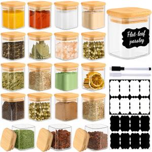20 Pack 4 oz Square Glass Spice Jars with Lids and Labels  Airtight Small Seasoning Containers Set, Clear Glass Storage Jars for Seasoning, Spices, Kitchen Pantry Organization