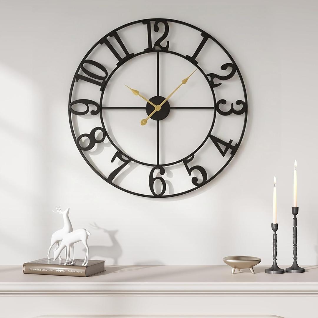 Cuspin Large Wall Clock, 20 Inch Wall Clocks for Living Room, Modern Metal Battery-Operated Decorative Round Black Clock Silent Non Ticking Arabic Numerals for Kitchen Mantel Bedroom Office