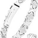 Feraco Pure Copper Bracelets & Rings for Women, Ultra Strength Magnetic Bracelet for Women with Neodymium Magnets & Sparkling Cubic Zirconia, Adjustable, Infinite Clover Jewelry, Silver