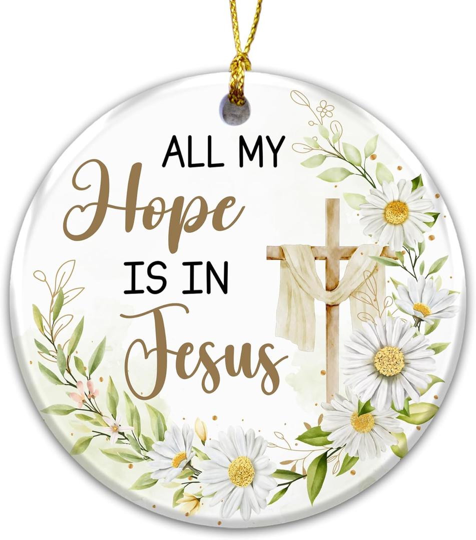 2 x Christian Ornament with Cross & Daisies, Religious Scripture Decor, All My Hope is in Jesus Ornament, Inspirational Faith Gift for Women, Christian Tree Decor, Bible Verse Keepsake