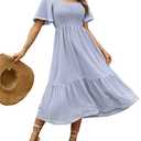 Glamaker Women's Short Sleeve Smocked Square Neck A Line Summer Flowy Midi Dress Light Blue Medium