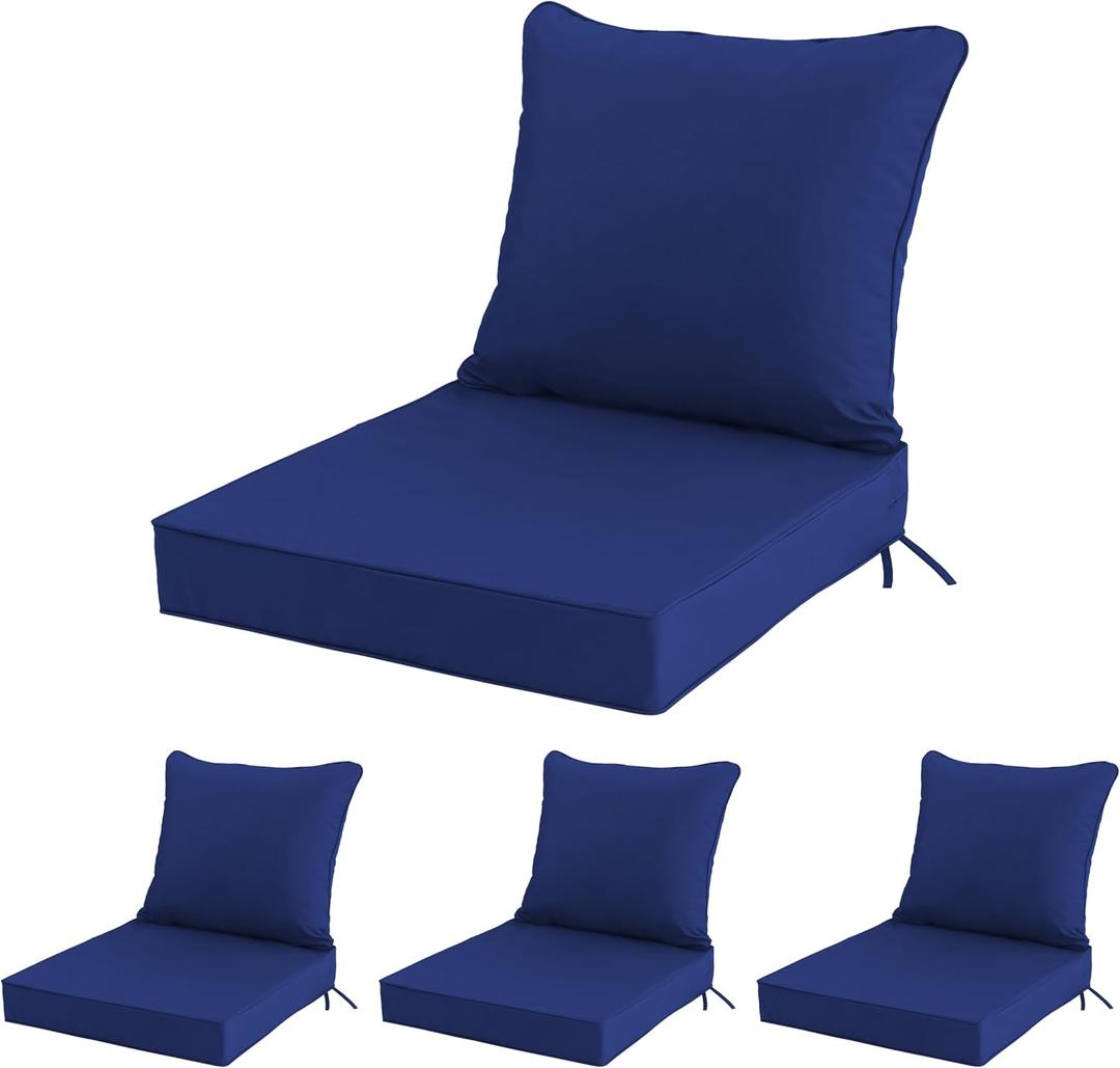 24x24 Inch Outdoor Chair Cushions Set of 4, Patio Furniture Cushions - Removable Cover, Water-Repellent, Fade-Resistant, Non-Slip Bottom & Straps, Replacement for Deep Seat Sofa & Couch - Navy