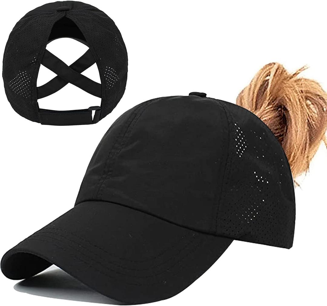 Womens Ponytail Hat Baseball Cap, Adjustable Criss Cross Baseball Cap High Bun Unisex Quick Drying Trucker Hats (One Size, Zblack)