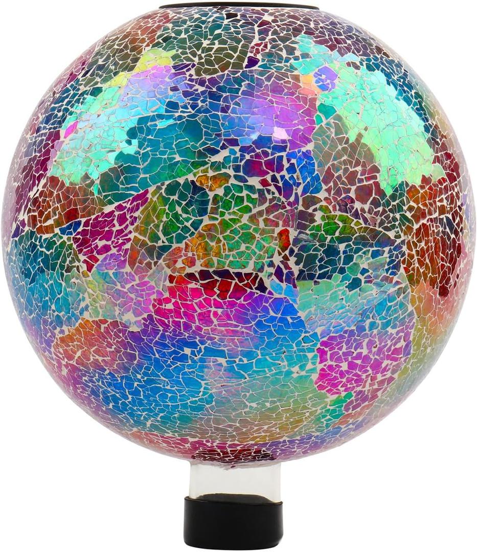 VOREEN Mosaic Solar Glass Gazing Ball, 10 Inch Colorful Gazing Globe, Handmade IP44 Waterproof Garden Decor Outdoor Ornament Sphere for Patio Lawn Yard, Gift for Mom Wife Friend (Cracked Texture-solar)