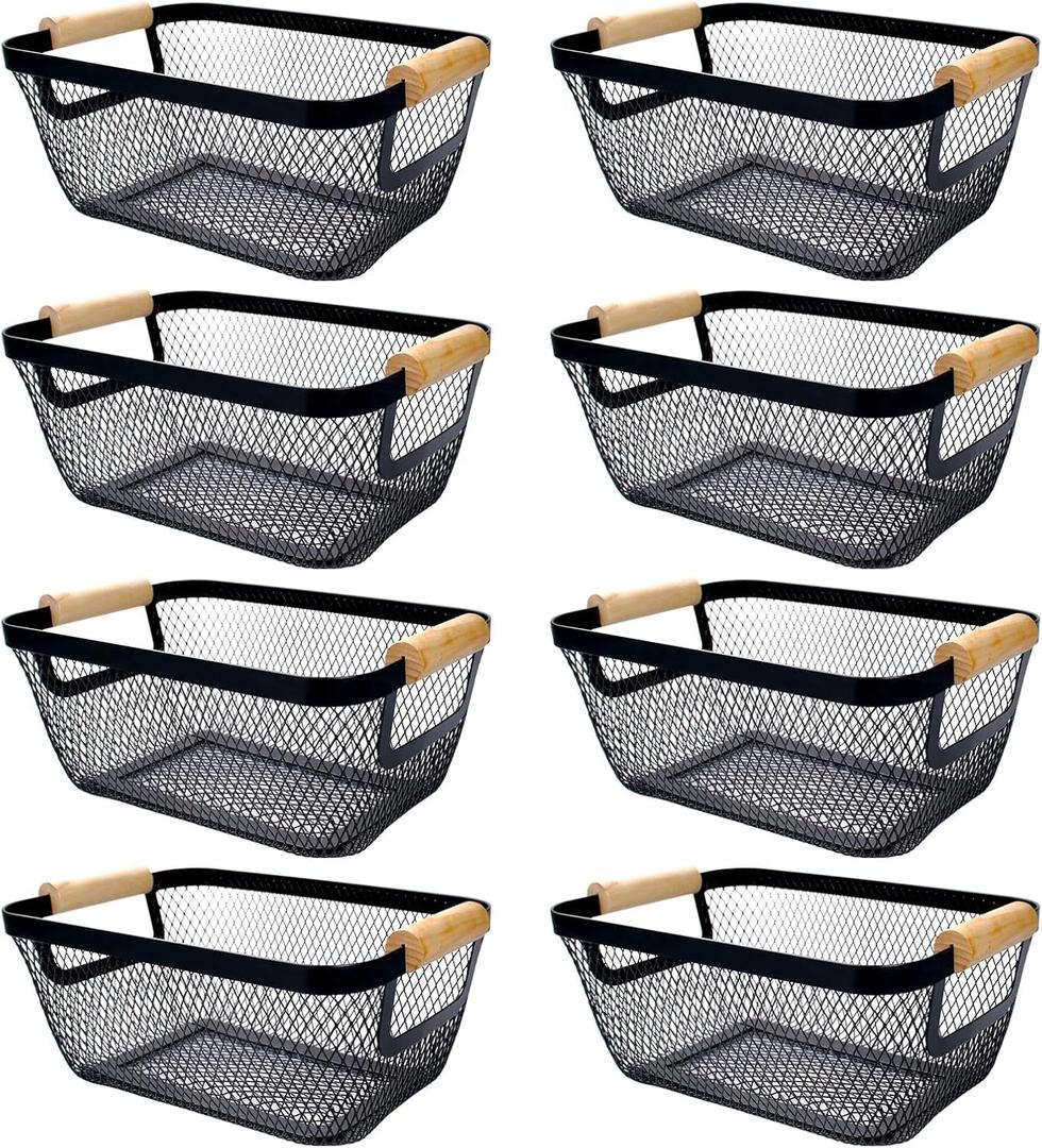 8 Pcs Black Wire Basket with Wooden Handle Metal Mesh Baskets for Pantry Storage Snack Organizer for Kitchen Cabinet Bathroom Fridge Fruit Makeup Office