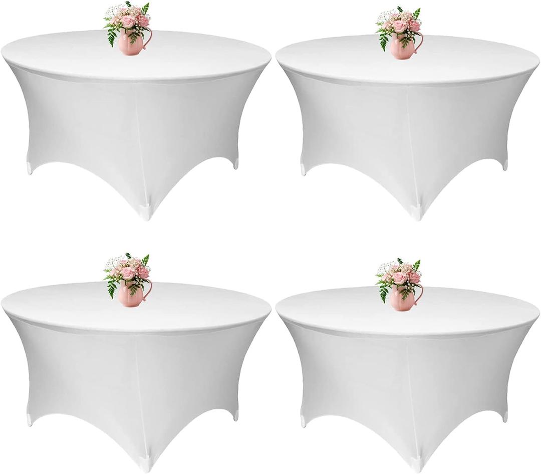 4 Pack 60 Inch White Stretch Table Cover Round - 5FT Spandex Tablecloth Round Fitted Spandex Tablecloth for Wedding Halloween Christmas