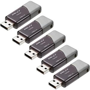 PNY 128GB Turbo Attach 3 USB 3.0 Flash Drive 5-Pack  Grey, P-FD128X5TBOP-MP, 100MB/s, Light-Weight Durable - Data Storage and Transfer