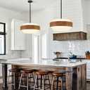 20'' Farmhouse Chandelier, 5-Light Drum Chandelier Round Pendant Light Fixture with Fabric Shade, Wood Grain Rustic Chandeliers for Dining Room Bedroom Living Room Foyer Entryway