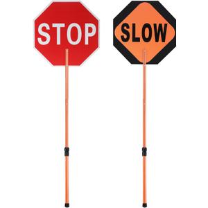 Kanayu 1 Pcs 18x18 Inch Double Sided Stop/slow Paddle Signs Reflective Stop Slow Sign Flagger with Telescopic Pole Handheld Guard Paddle for Road Traffic Construction
