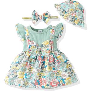 SUNNY PIGGY Baby Dress 12-18 Months Girl Clothes Infant Summer Outfits Toddler Dresses for Girls With Headband Hat Floral Ruffle Sleeve One Piece Green Skirt