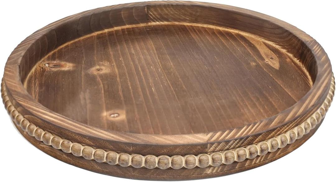 Round Burnt Wood Serving Tray with Beads, Wooden Decorative Tray for Entertaining, Decoration, and Gifting, Burnt Brown Y1, 13"