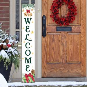 Christmas Welcome Sign Xmas Front Door Hanging Decor Wooden Vertical Indoor Outdoor Porch Standing Signs For Garden Home Yard Farmhouse Porch 47.2 x 7.8 Inch (White)