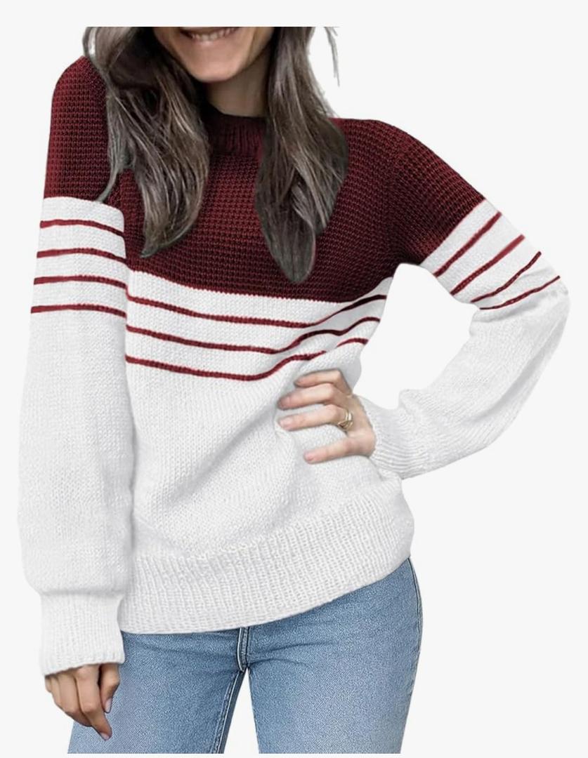 CiCiBird Women’s Fall 2025 Color Block Sweater Striped Long Sleeve Knit Pullover Tops Loose Crew Neck Sweaters, Size S