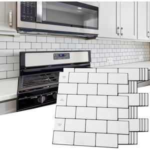 Art3d 6-Sheet Backsplash Tile for Kitchen Peel and Stick, 12"x12" Stick on Subway Tiles for Kitchen, Bathroom Back Splashes, White-Black Grout