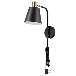 Globe Electric 51374 Novogratz x Globe 1-Light Plug-In or Hardwire Wall Sconce, Matte Black - Antique Brass Accents, Black Cloth Cord