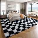 KICMOR 5x7 Rug for Living Room Bedroom, Fluffy Black and White Area Rug Fuzzy Shaggy Floor Carpets, Big Large Soft Plush Checkered Rugs for Kids Girls Boys Room Dorm Nursery, Home Decor Aesthetic