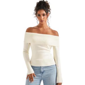SUUKSESS Women Off Shoulder Sweaters Long Sleeve Ribbed Knit Going Out Fall Tops Blouse, M