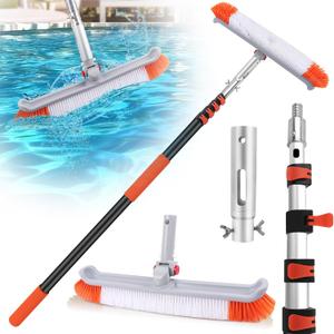16FT Telescoping Pool Pole with 19" Pool Brush Head,Reinforced Aluminum Adjustable Extension Pole,Heavy Duty Adjustable Pool Cleaning Pole for Inground & Above Ground Pool Wall Tile Floor Cleaning