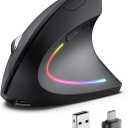 POJTK Ergonomic Wireless Rechargeable Mouse, Bluetooth+USB A+Type C(3 in 1) Connection, 5 Levels Up to 4800 DPI, 6 Silent Buttons, 2.4GHz Carpal Tunnel Vertical Mice, for Laptop, Desktop,MacBook-black