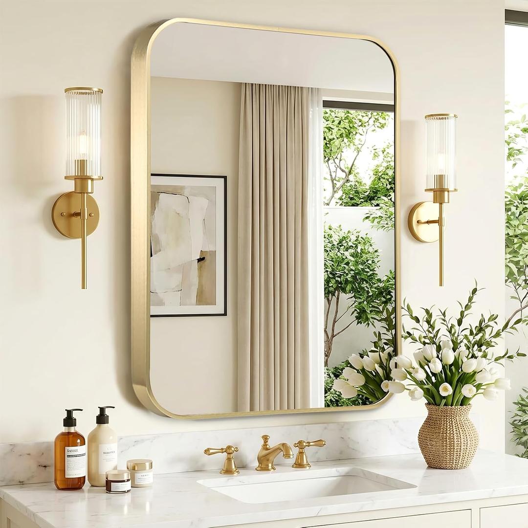 Gold Bathroom Mirror for Over Sink, 30"x36" Aluminum Frame Rectangle Wall Mirror, Modern Decorative Vanity Mirror for Living Room, Bedroom