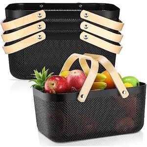 Sadnyy 4 Pcs Plastic Mesh Garden Harvest Basket Storage Basket with Wooden Handle Multi Functional Mesh Bin for Kitchen Cabinet Picnic Fruit Vegetable Gathering Organizer(Large,Black)