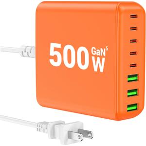 500W USB C Charger Block, 8-Port USB C Charging Station Fast Charging PD 120W PC Laptop Charger Adapter Compatible with MacBook Pro/Air/All iPad,DELL, iPhone 16/15/14/13/Pro Max/Galaxy (ORANGE)