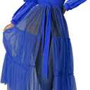 Ekaliy Womens Sexy Blouses Tunic Long Ruffle Sleeve Button Down Shirt Sheer Mesh Maxi Dress with Belt (XX-Large)