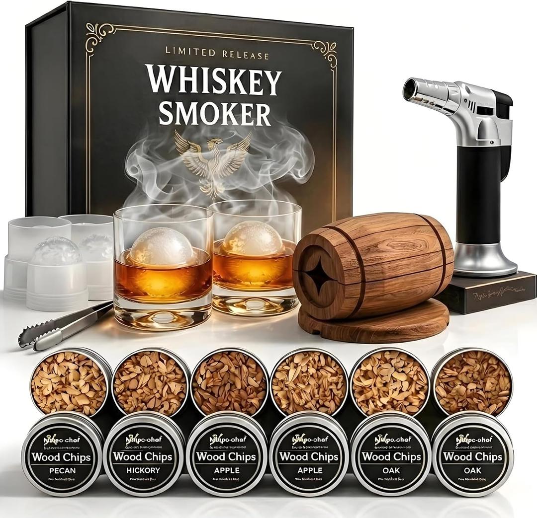 Yodel Whiskey Smoker Kit with Torch – Old Fashioned Cocktail Smoker Set with 6 Wood Chip Flavors, 2 Whiskey Glasses & 2 Ice Ball Molds – Gifts for Men, Dad, Husband & Him