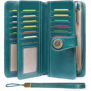 SENDEFN Wallets for Women Leather Credit Card Holder with RFID Blocking Large Capacity Wristlet (1-wax-a-blue)