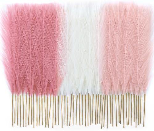 Faylifeway 50pcs Pampas Grass 17in, Blush Pink Pampas Grass Decor, Artificial Fluffy Pink Decor Flowers for Home Room Birthday Bathroom Party Wall (Blush & Cream & Pink)