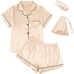 LILLUSORY 4Pcs Women Silk Pajama Set Summer 2025 Satin Pjs 2 Piece Suit Lounge Scrunchies Lady Sleepwear Matching Clothing. Medium