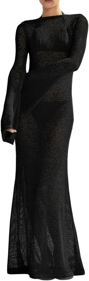Saodimallsu Womens Crochet Cover Ups Long Sleeve Sexy Mesh Backless Knit Swimsuit Coverup Beach Maxi Dress XL
