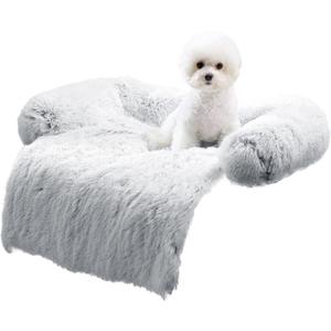 HACHIKITTY Calming Pet Sofa Bed Mat, Washable Plush Couch Cover for Dogs & Cats, Furniture Protector with Anti-Slip Bottom (30"x 27"x 6", Gray)