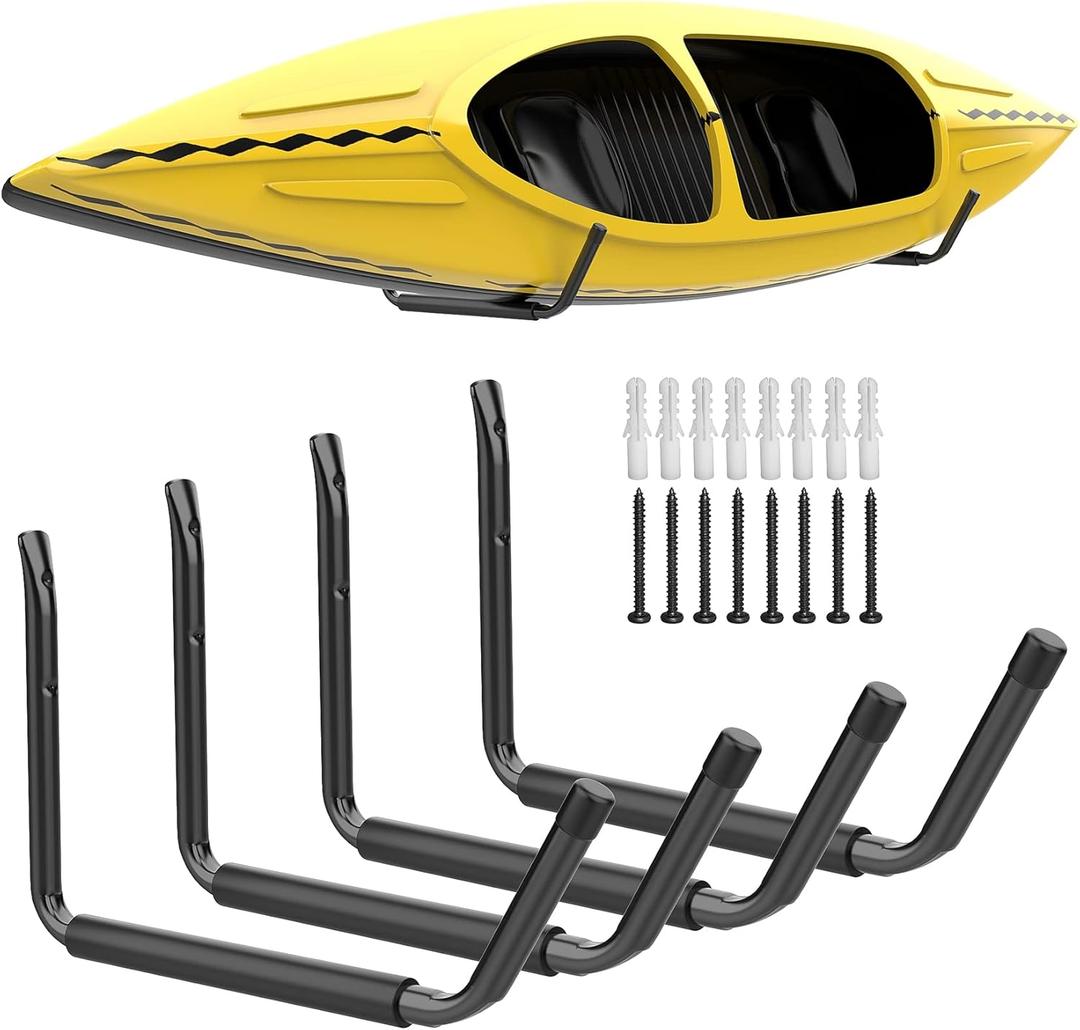 WALMANN Lightweight Kayak Storage Rack, Wall Mount Kayak Hooks for Garage Utility Storage Hangers for Canoe, Surfboard, Skiis, Snowboard, Paddle Board, Ladders (Large, Black-Pack of 4)