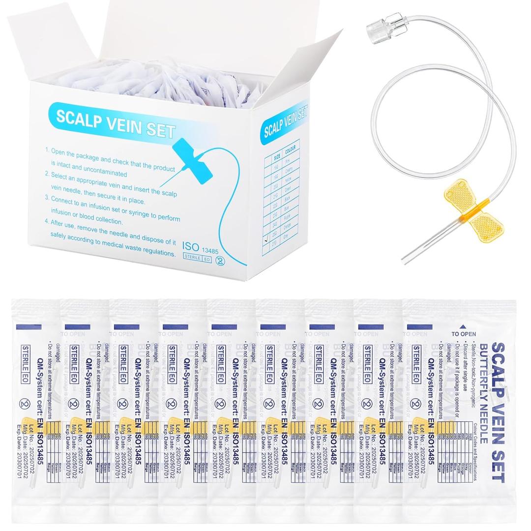 100 Pack Butterfly Needles Collection Needles Blood Collection Set with Holder Sterile Individual Packaging for Laboratories and Veterinary(Style2,25G X 3/4" X 12",Orange)