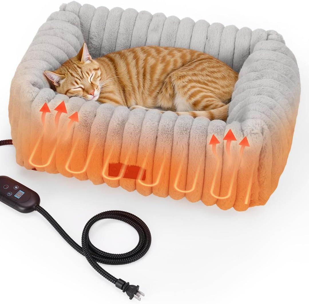 Heated Cat Bed Indoor, Pet Bed with 6 Temperature & 5 Timer Settings, Fluffy Cat Couch with Removable Machine-Washable Cover for Dogs Kitten Puppy in Winter, UL & FCC Certified, Small, Grey (S-22"x14")