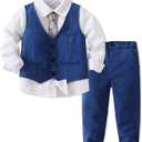 Boys Gentleman Suits Toddler Kids Wedding Outfit Clothes 4 Pieces Dress Shirt & Pants & Vest Set with Bowtie, 2-8 Years (Blue)