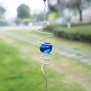 Gazing Ball Spiral Tail Wind Spinner Stabilizer, Garden Decorations Stainless Steel Metal with Hook & Blue Crystal Glass Orb Outdoor Hanging Decor Kinetic Yard 3D Swivel Art Sun Catchers