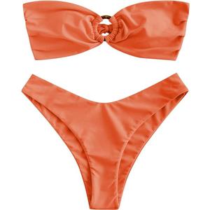 ZAFUL Women's Bandeau Bikini O Ring Strapless Tie Back High Cut Two Piece Swimsuit Bathing Suits (Orange, L)