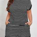 Beautife Womens Plus Size Lounge Set 2 Piece Outfits Stripe Short Sleeve Shirts Tops Shorts Summer Casual Loungewear Black (Black)